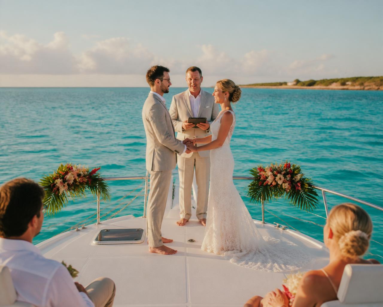Wedding couple exchanging vows on a Bahamas beach